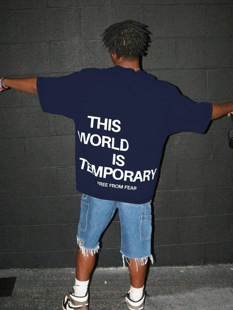 Men's Plain "THIS WORLD IS TEMPORARY" Letter Print Short Sleeve Graphic Tee, Loose Casual Comfy Round Neck T-shirt for Summer, Fashion Men's Top for Daily Wear