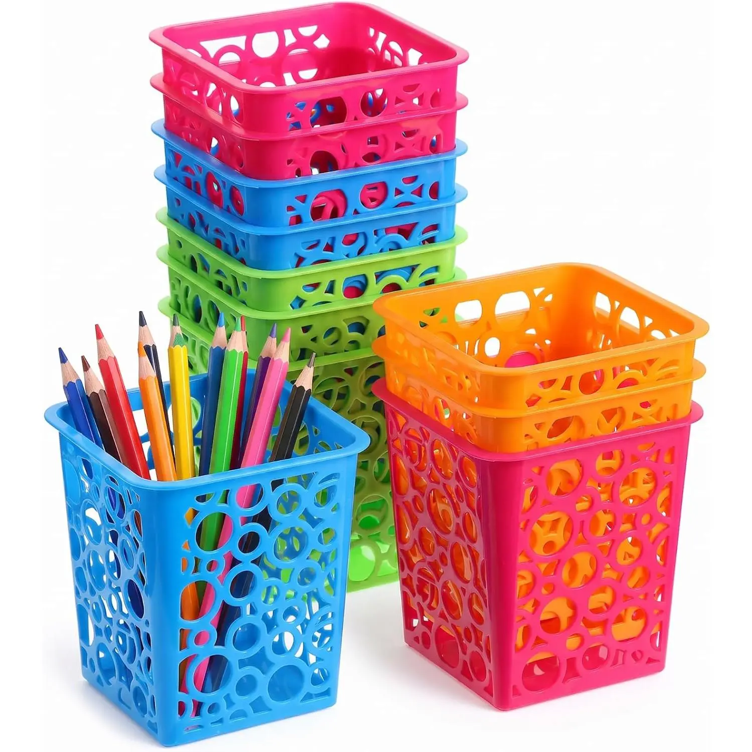 12 count Plastic Pencil Holder Cups for Classroom Desk, 4 Colors | 12-pack Plastic Pencil Holder Cups, Classroom Desk Organizer, Teacher Supplies, Markers Crayons Erasers, 4 Bright Colors