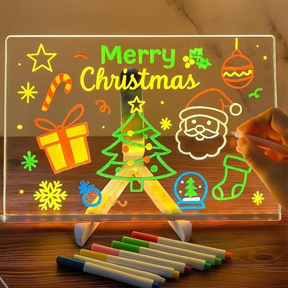 LED Note Board with Colors, Glowing Acrylic Message Marker Board, Memo Letter Board, White Board for Idea Generation,USB Rechargeable Dry Erase LED Board with 7 Colors Markers, Cleaning Cloth & Triangular Stand, Birthday Christmas for Home Night Light Dec