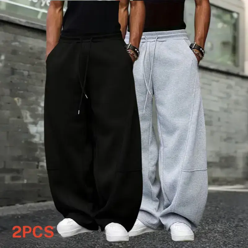 Men's 2 Pack Wide Leg Sweatpants with Curved Hem American Street Style Relaxed Fit Heavyweight Knit Fabric Resists Pilling Classic Black & Gray Casual Menswear