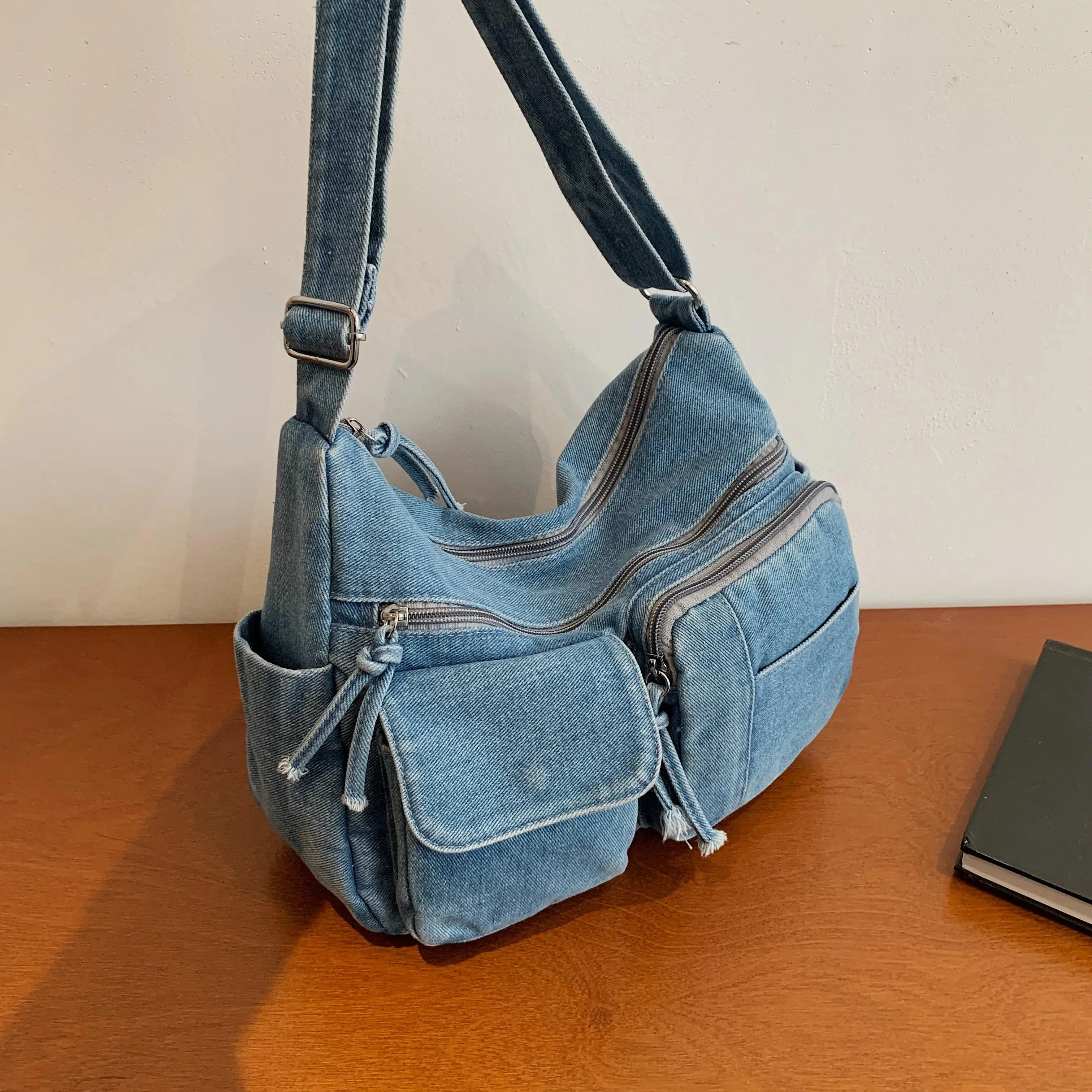 Y2K Aesthetic Washed Denim Hobo Bag Retro Multi-Pocket Crossbody Bag Casual Streetwear Jeans Shoulder Purse Daily Use