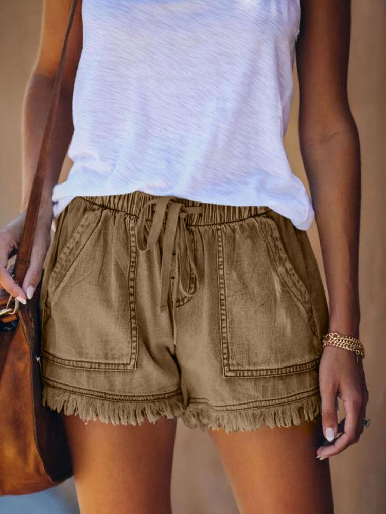 Elastic Waist Drawstring Denim Shorts for Women Summer Casual Loose Frayed Hem Jean Shorts with Pockets