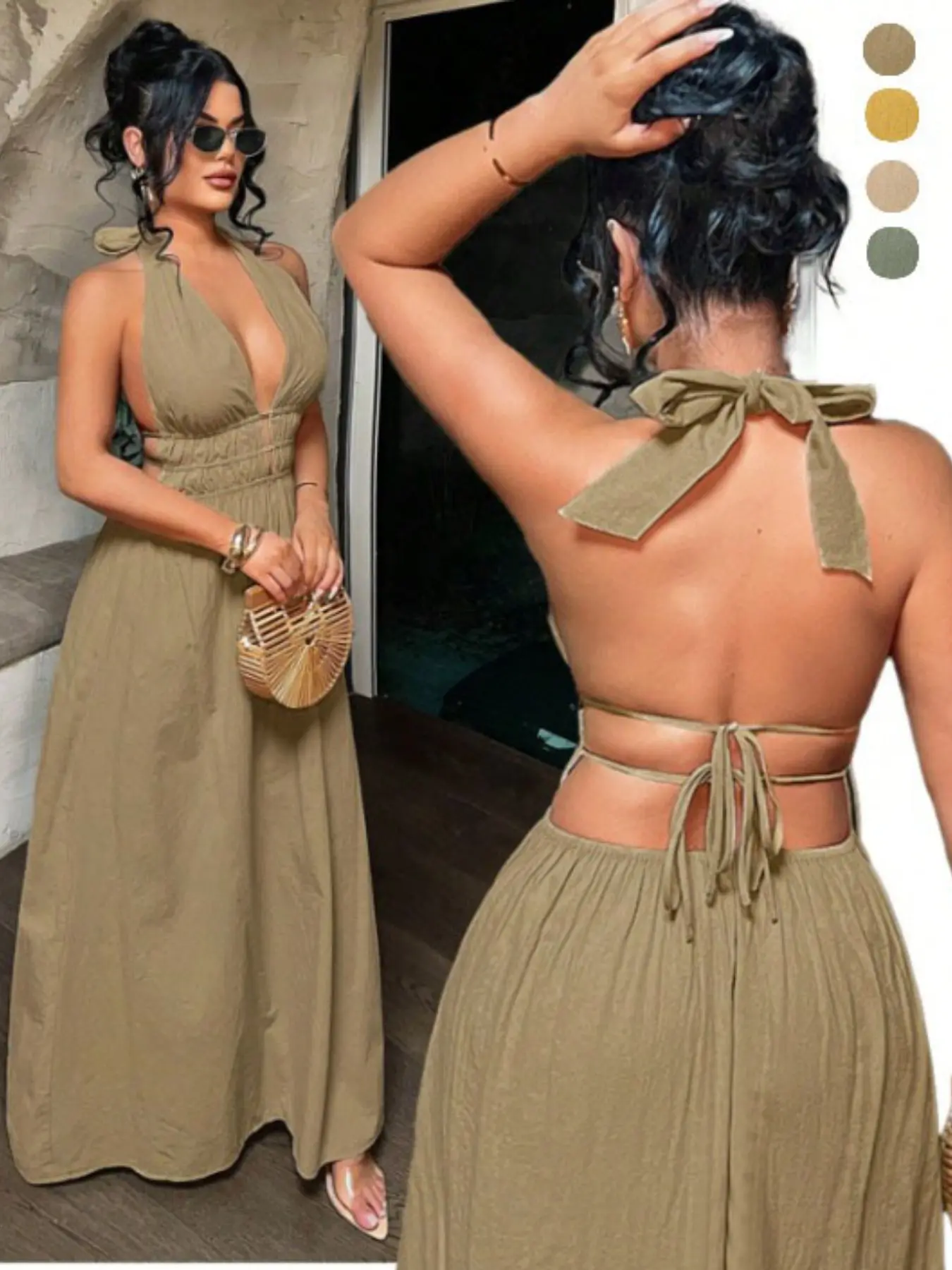Women's Solid Color Deep V-Neck Shirred Design Maxi Dress, Sexy Summer Dresses for Women