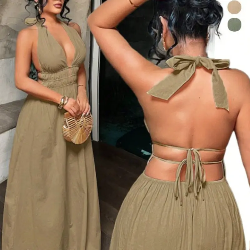 Women's Solid Color Deep V Neck Backless Ruched Design Sexy Maxi Dress,Summer Dresses For Women, Club Dresses