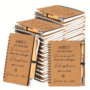 A6 Kraft Paper Cover Spiral Notebook with Bamboo Ballpoint Pen, Eco Friendly Motivational German Lined Notepad, Portable Mini Journal for Students School Office Daily Note Taking