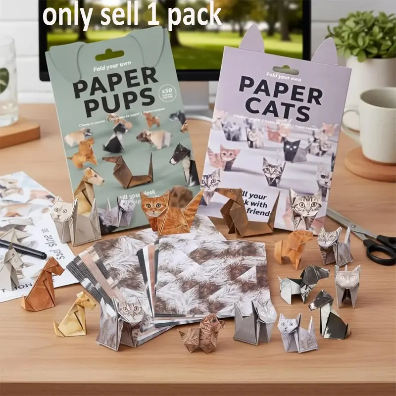 DIY Handmade Craft Paper Cat and Dog – 1 pack of 50 sheets. These DIY origami sheets can be folded into adorable cat and dog shapes, making them perfect for decorative tabletop items and creative gifts.