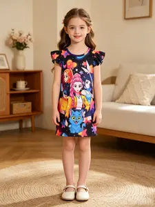 Korean Style Girl Dress, Galaxy and Anime Girl Print, Lightweight Sleeveless Pajama Set, Cute Slim-Fitting A-Type Cartoon Pattern