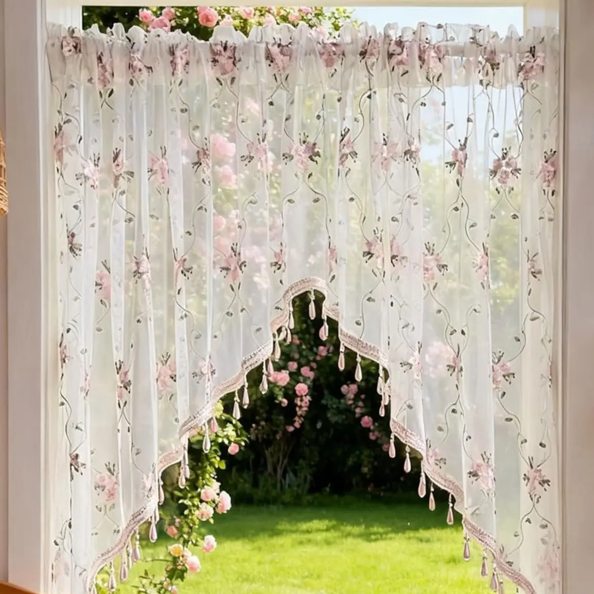 1PC New Floral Embroidered Triangle Curtain, Kitchen Rod-Pass Small Curtains, Stylish Drapes for Home Decor, Elegant Window Treatment, Curtain for Windows