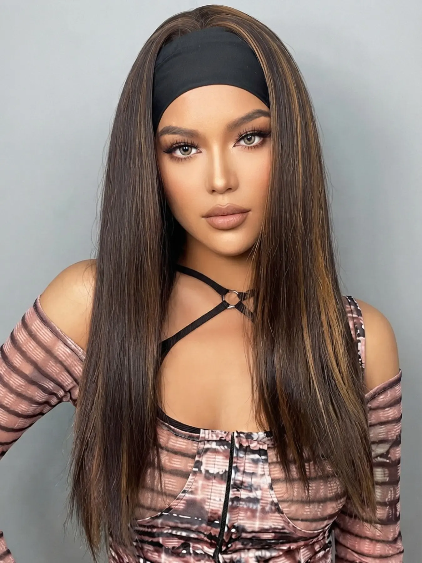 26 Inch Long Straight Headband Wig, with Blonde Highlights, Synthetic Hair, Glueless, Heat Resistant, Easy Install, Leopard Headband Included