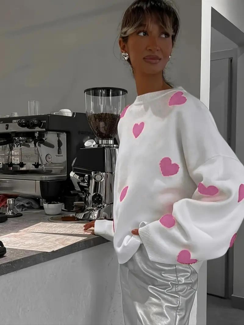 Women's Loose Fit Heart Pattern Drop Shoulder Sweater, Casual Long Sleeve Round Neck Knit Top for Spring & Fall, Fashion Ladies' Knitwear for Daily Wear
