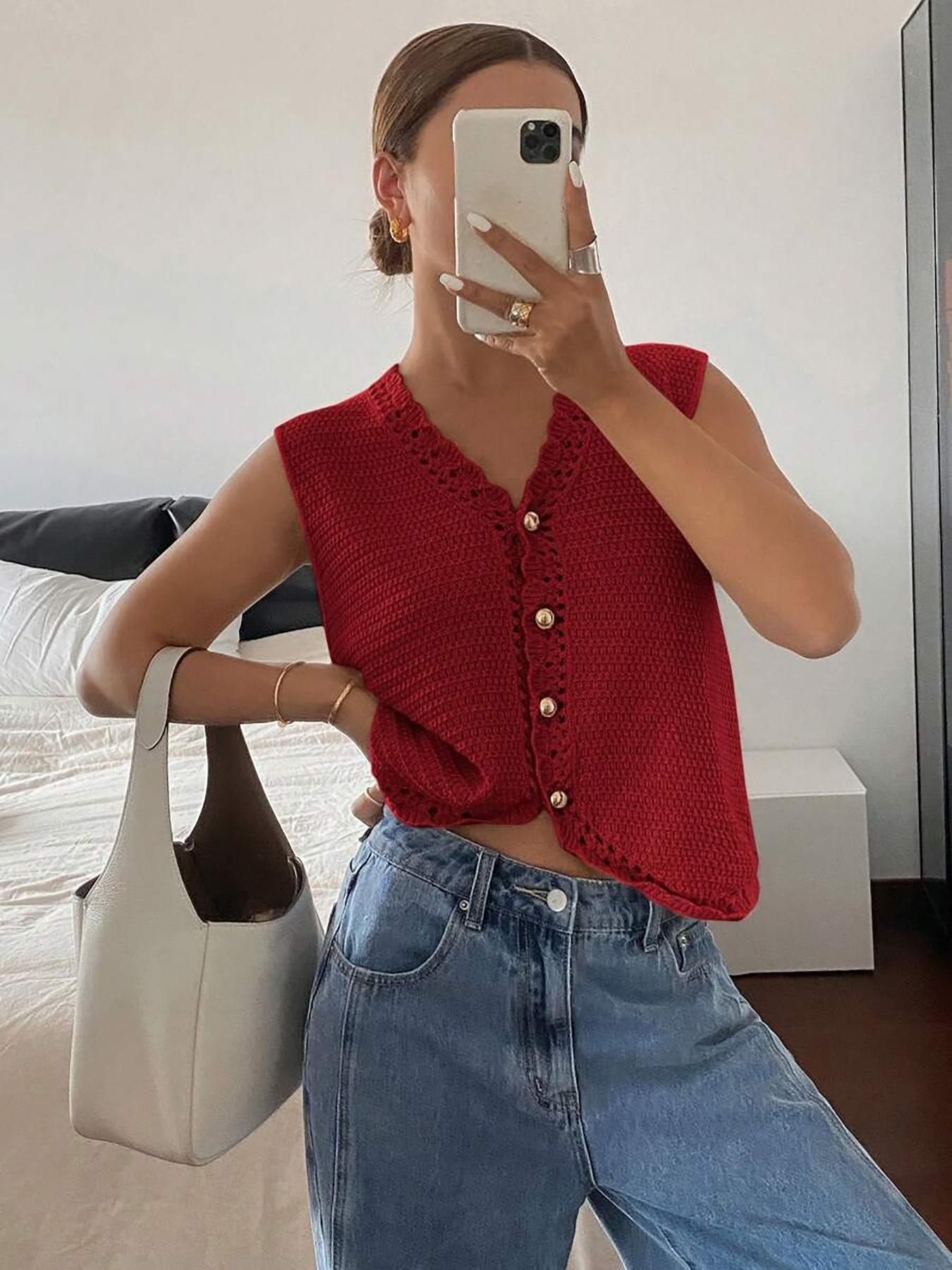 Women's Plain Button Front Cardigan, Casual Basic Fitted Crochet Knitted Cardigan for Summer, Fashion Women's Sleeveless Knitwear for Daily Wear, Vneck Womenswear, Knitted Tops