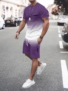 Men's 3D Print Casual Two-Piece Set, Short Sleeve T-Shirt + Shorts, Paris Gradient Summer, Slim-Fit Fashion Ensemble