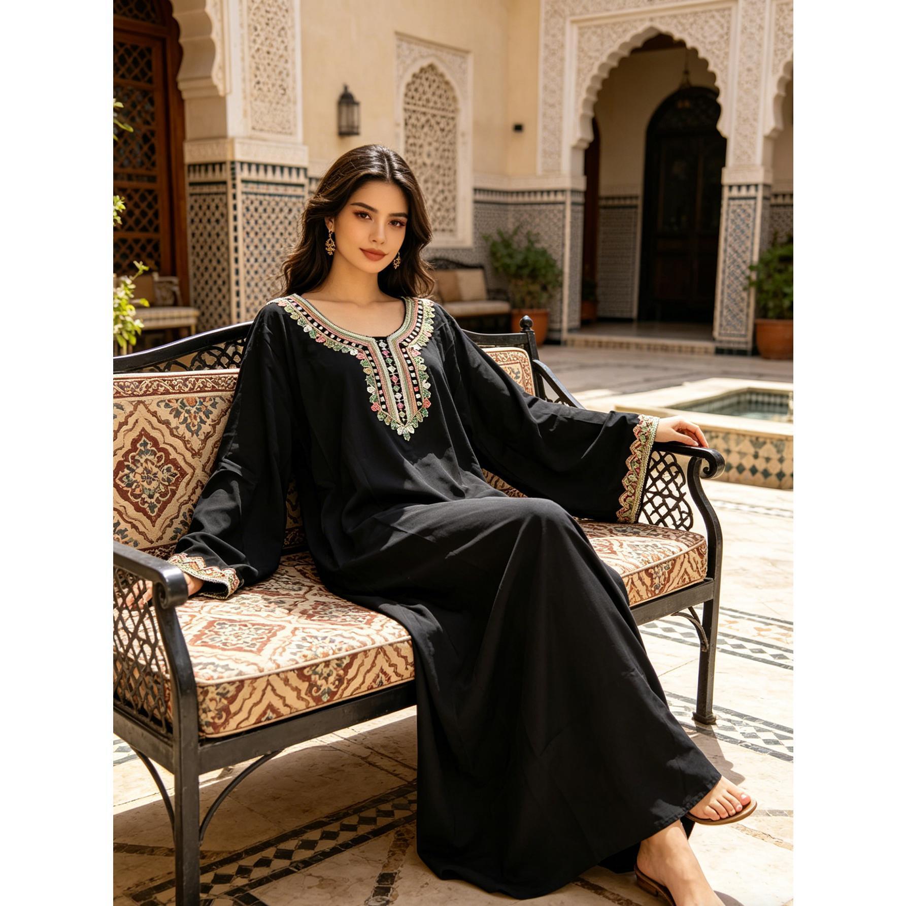 Elegant Black Embroidered Kaftan Maxi Dress Modest Boho Flowy Gown | Size Inclusive S-XL | Perfect for Evening Dinner, Church, Vacation & Daily Chic