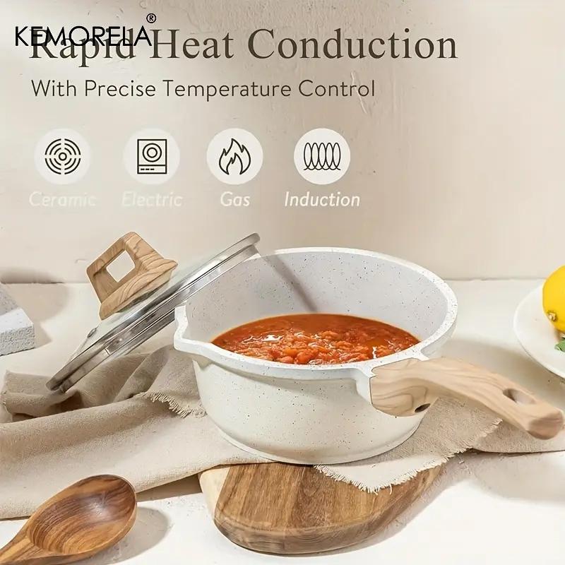 1Count Non-Stick Saucepan Set with Lid - Induction Compatible, PFOA-Free, Easy to Clean, Pour Spout, Light Beige with Wooden Handles, Ideal for Small Kitchen Cooking, Kitchen Essentials|Minimalist Kitchenware|Durable Cookware, Induction Cookware Sets