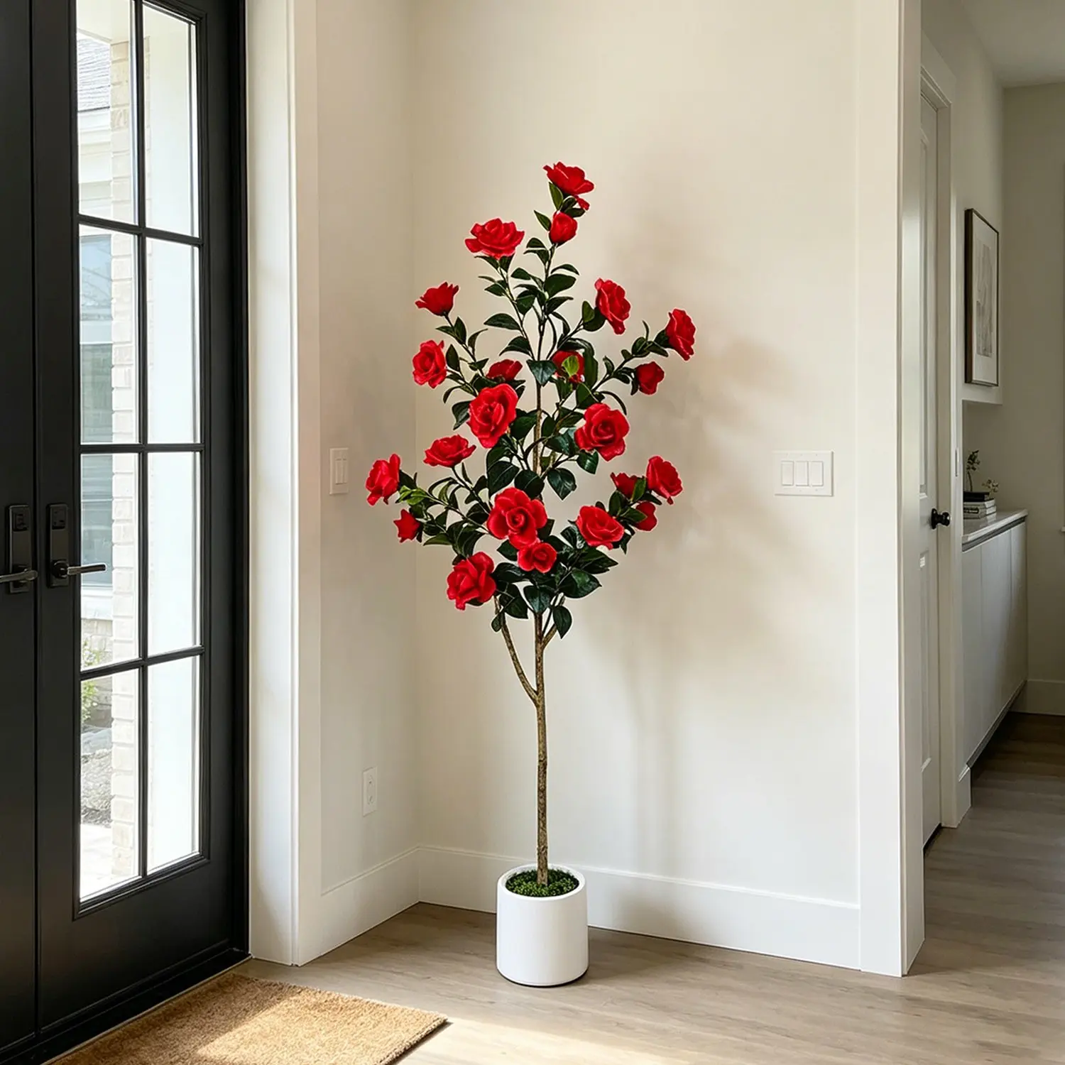 145-170cm Artificial Rose Tree, Realistic Fake Flower Decor, Home Kitchen Living Room Balcony Wedding Outdoor Decoration, Christmas Thanksgiving Festival, Lifelike Artificial Tree