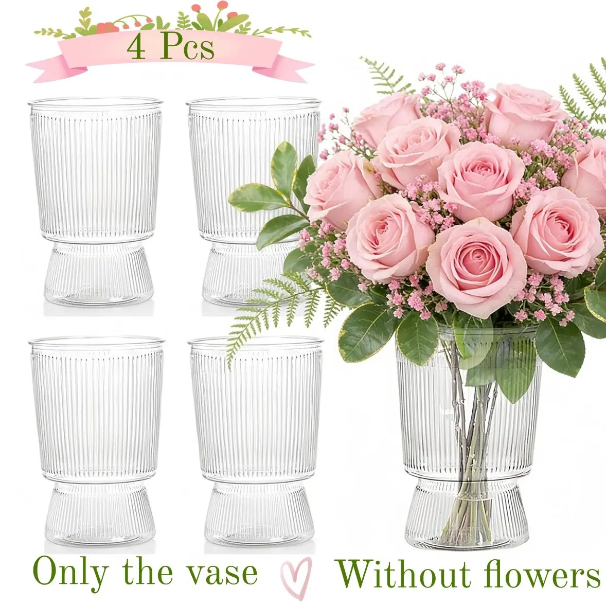 4Pcs Clear Plastic Flower Vases, Decorative Modern Ripple Hydroponic Plant Vase with Base for Table Centerpieces Home Decor Office Wedding Decoration