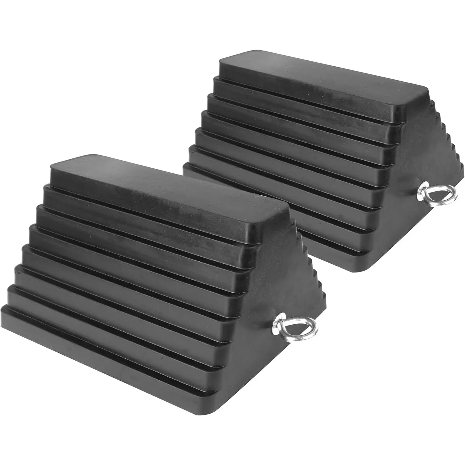 2-Pack Heavy Duty Rubber Wheel Chocks (10"x8"x6") - Non-Slip All-Weather Safety Stop, Oil-Resistant Block, Steel Eyebolt for Cars, Motorcycles, Trailers, Job Sites