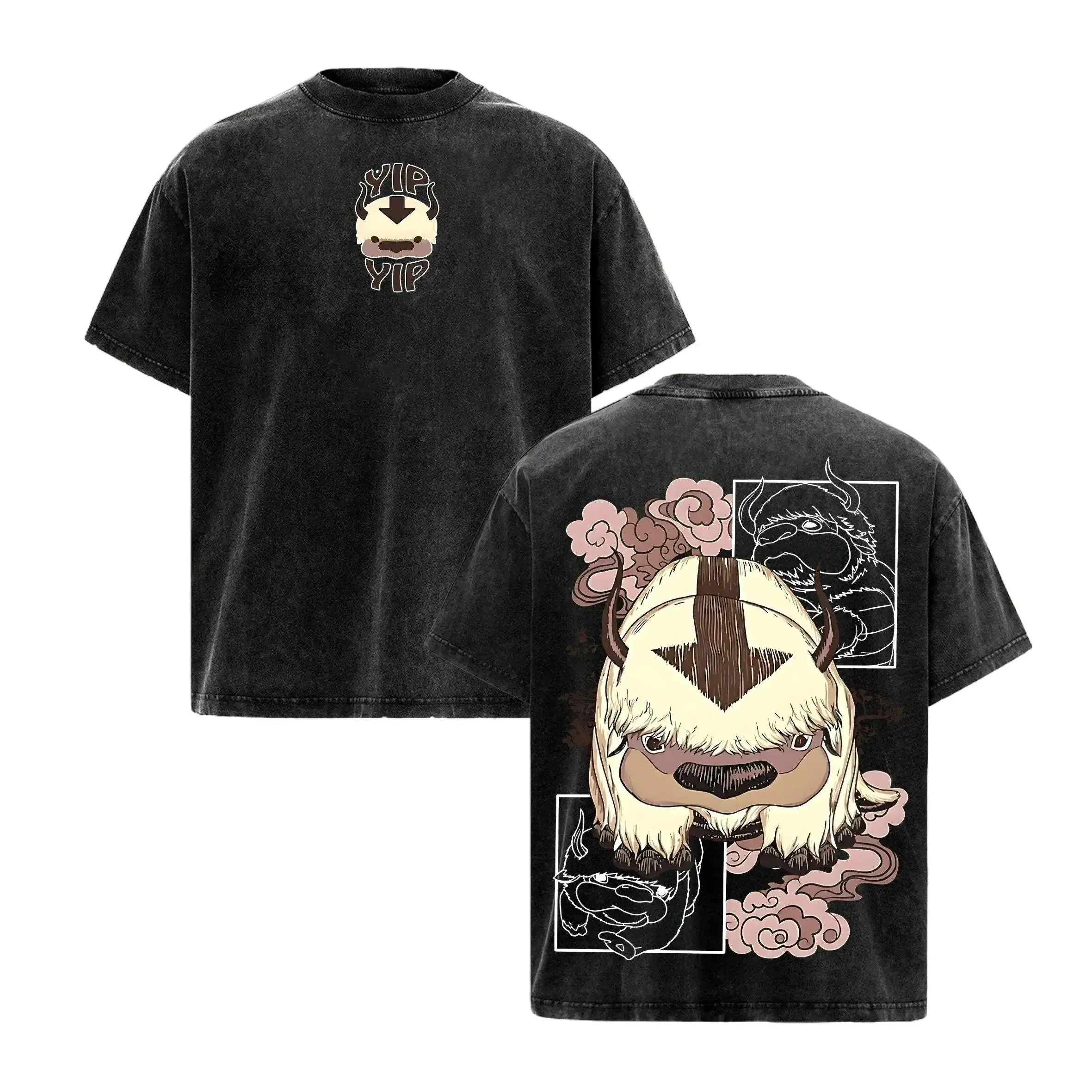 Unisex Appa Avatar The Last Airbender Vintage Washed Oversized Short-Sleeve Print Sports Top, Yip Yip Cute Graphic Casual Tee, Cozy Loose-Fit Heavyweight Streetwear Gift