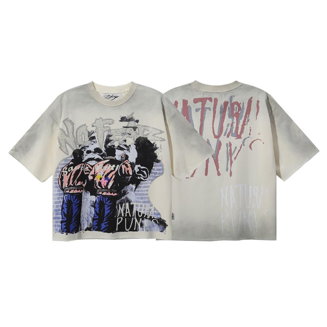 Best Quality Washed Gray Full Rhinestone Bling T-Shirt, Unisex F-Terry Cropped Tee, BKYS Skull Print High Street Hip Hop Rock Retro Y2K Vintage Streetwear, Sparkle Diamond Graphic Casual Short Sleeve Tops for Men Women