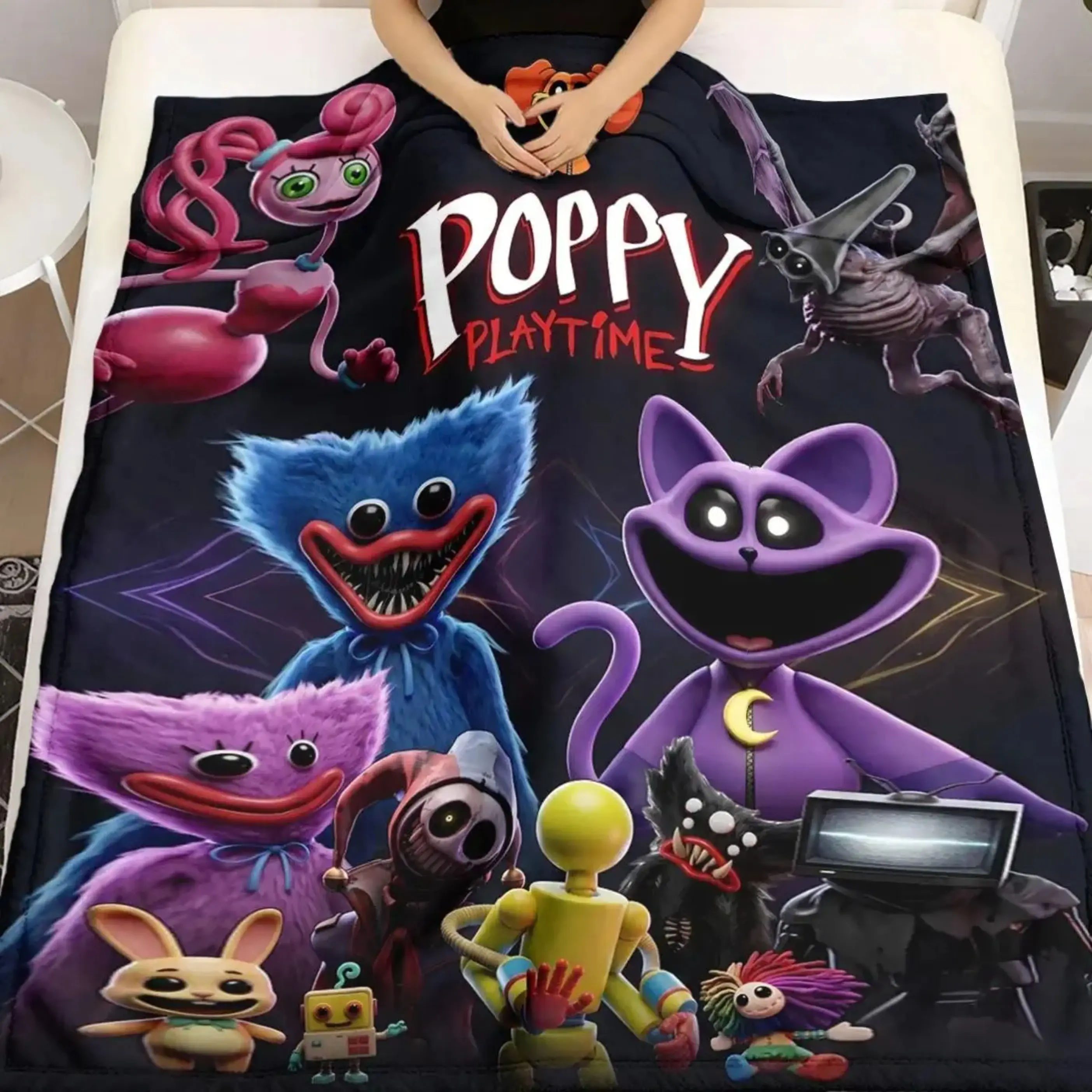 Poppy Playtime Spooky Whimsical Horror Cartoon Character Print Flannel Throw Blanket, Baby Blankets and Adult Blankets, Ultra Soft Skin-Friendly Warm Cozy Nap Cover, Classic All Over Print Pattern Multi-Scene Bedding For Sofa, Bedroom, Office & Travel, Vi