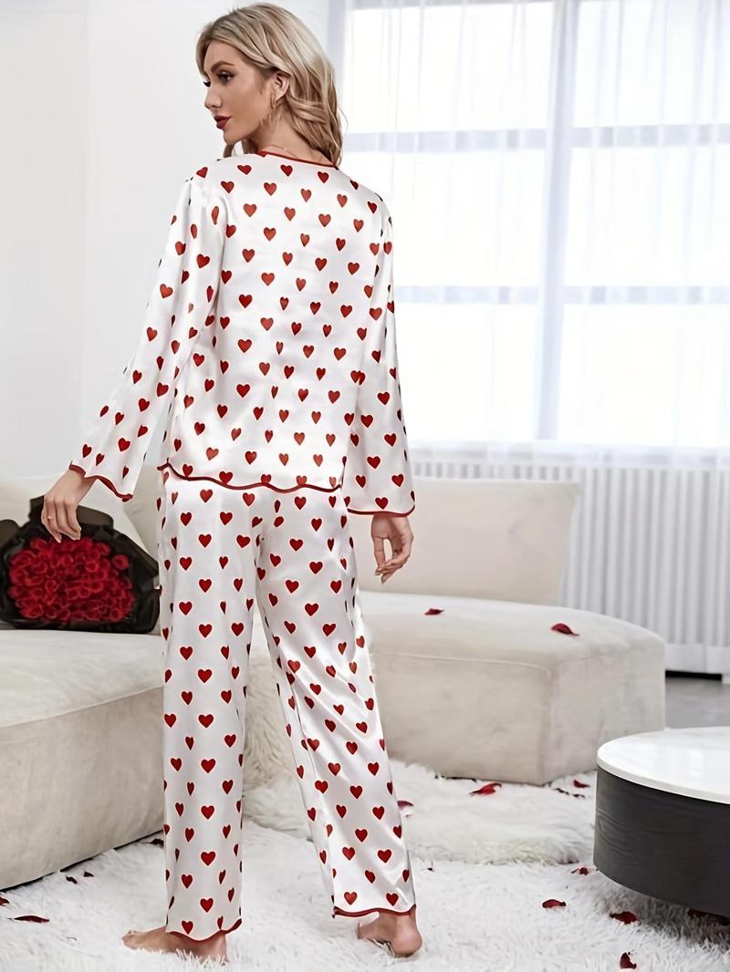 Two-Piece Set Women's Satin Heart Print Button Front Blouse & Elastic Waist Pants Pajama Set, Printed Blouse & Contrast Binding Trousers Pj Set, Fashion Long Sleeve Womenswear, Ladies Homewear Loungewear