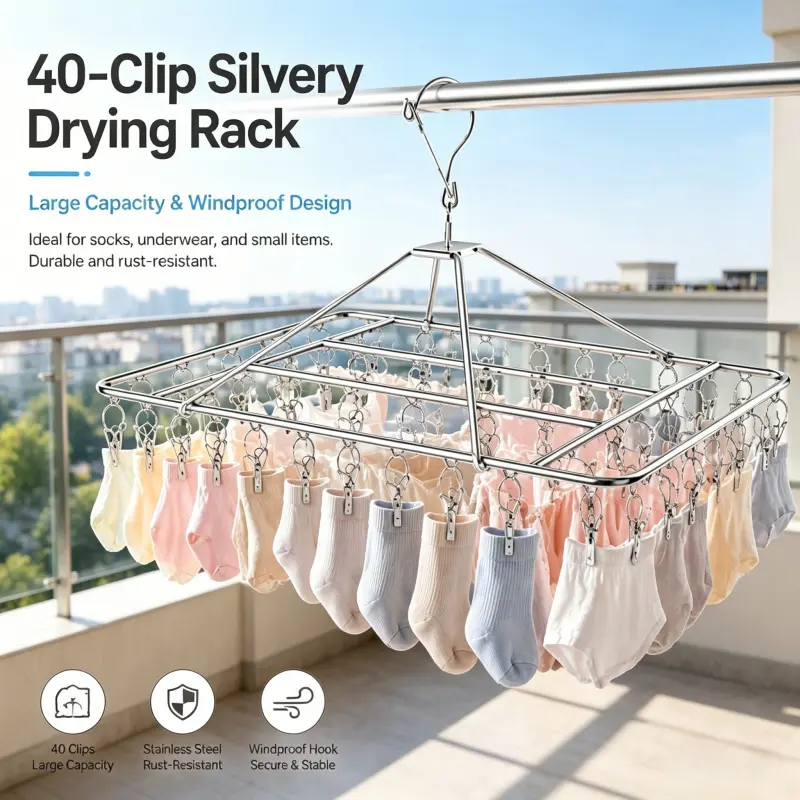 40-Clips Stainless Steel Hanging Drying Rack Rustproof Windproof Hook Multi-Functional Hanger Universal For Socks Underwear Garments