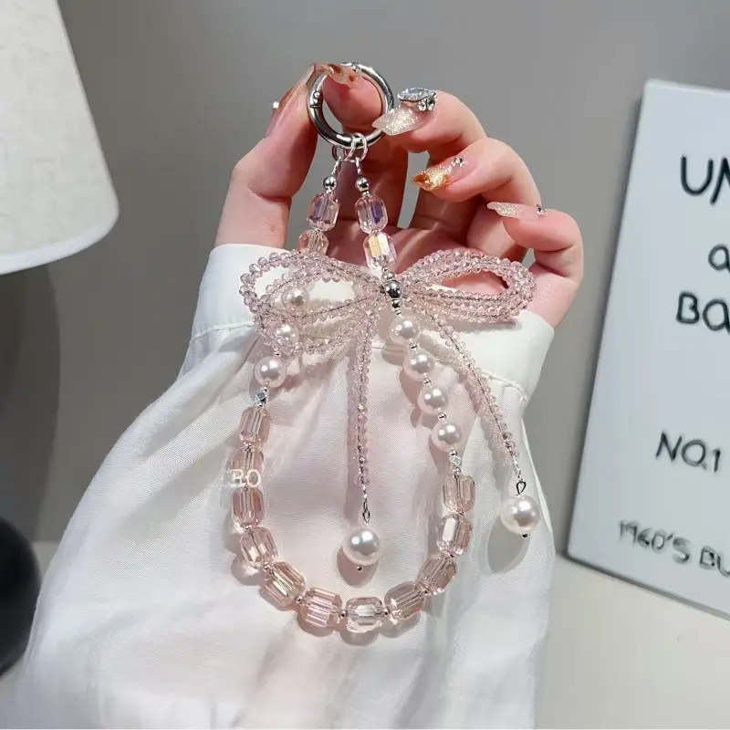 Bow Crystal Bag Charm, Phone Charm, Key Charm, Crystal Beaded Phone Wrist Strap, Decorative Phone Charm Keychain with Tether Tab, Hands-Free Bracelet-Style Cellphone Wrist Lanyard for Women, Ideal Gift Choice
