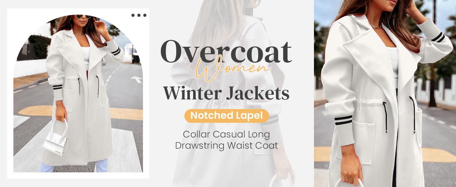 FMEYOA Women Coat Pocket Casual Drawstring Waist Open Front Classic Lapel Overcoat M7P162