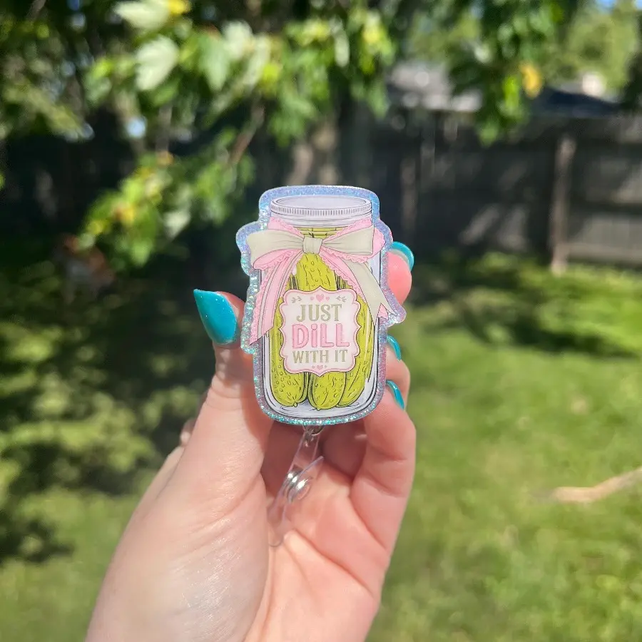 Just Dill With It Interchangeabke Badge Reel, Pickle Lover Badge Holder, Funny Food-Themed Retractable Badge Reel