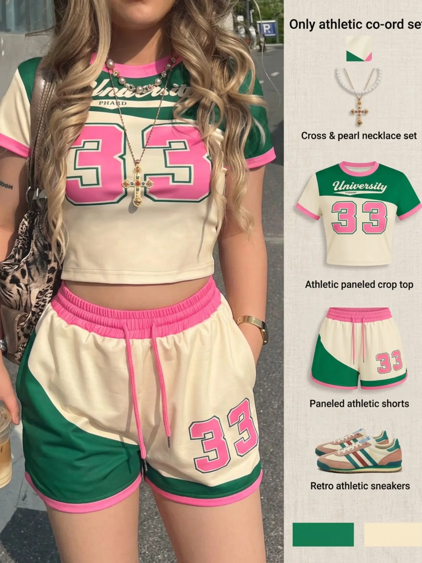 Women's Colorblock Number 33 Short Sleeve T-Shirt and Shorts Set, Summer American Campus Casual Wear, High Waist, Quick-Dry Breathable Fabric