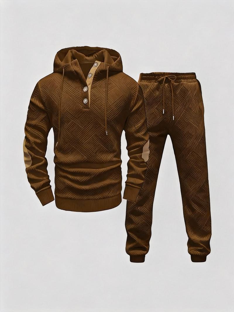 Men's 2-Piece Beige Tracksuit (Hoodie & Joggers) - Diamond Texture, Half-Button Placket (Brown Accent), Casual Stylish Outfit
