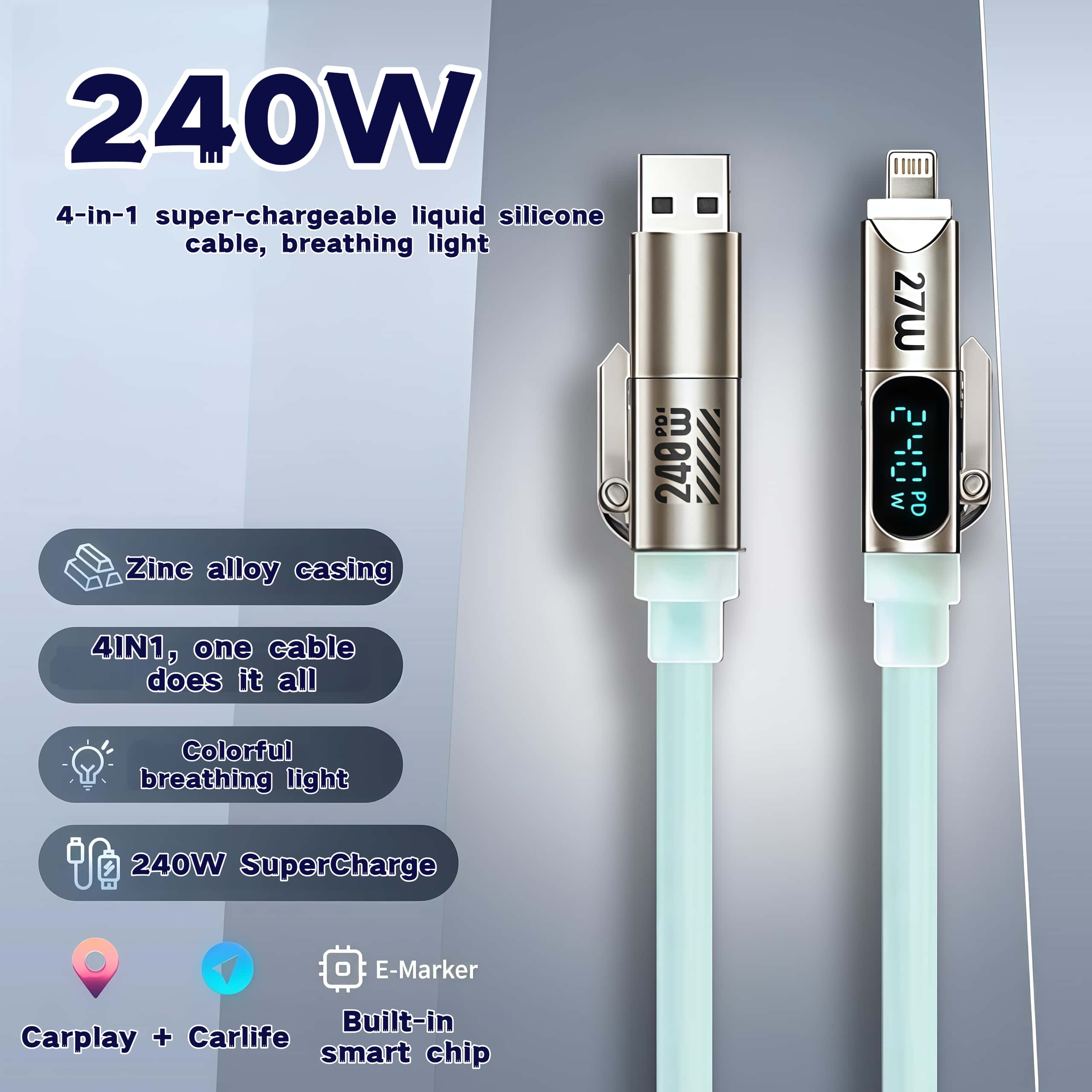 240W 4-in-1 Fast Charging Cable,Compatible With Multiple Devices Including Smartphones And Laptops 2026 New Style Data Cable with Digital Display-MM