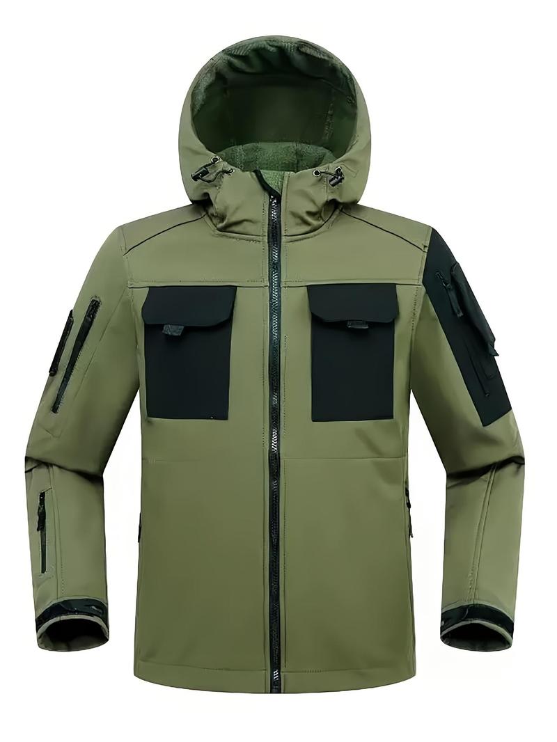 Men's Windproof Fleece Lined Hooded Jacket and Set, Multi-Pocket Design - Durable Polyester Outdoor Gear, Suitable for Hiking, Camping Riding and Camping Accessories tracksuit outfit Unisex Street Style Hoodsolid color long sleeve hoodiathletic activewear