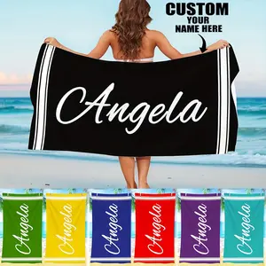 1 customizable name-printed stripe beach towel – super soft, quick-drying, personalized swim towel, suitable for pools, travel, yoga, camping, and fitness – a perfect gift for both men and women – black base with white stripes and handwritten lettering.
