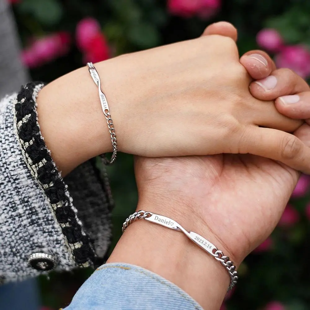 Engraved Message Bracelets for Couples, Set of 2 Stainless Steel Mobius Bangles with Dainty Cubic Zirconia Accent, Adjustable 18+5cm, Customized Name, Daily, Yes, Engraved Message Bracelets & Bangles, Permanent Engraving Bracelets & Bangles