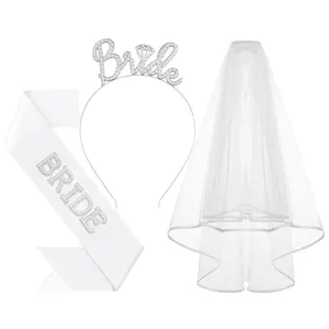 3Pcs Bride to Be Headband with Sash and Veil for Bachelorette Party Decorations, Bridal Shower Accessories for Gift, Favors - Silver