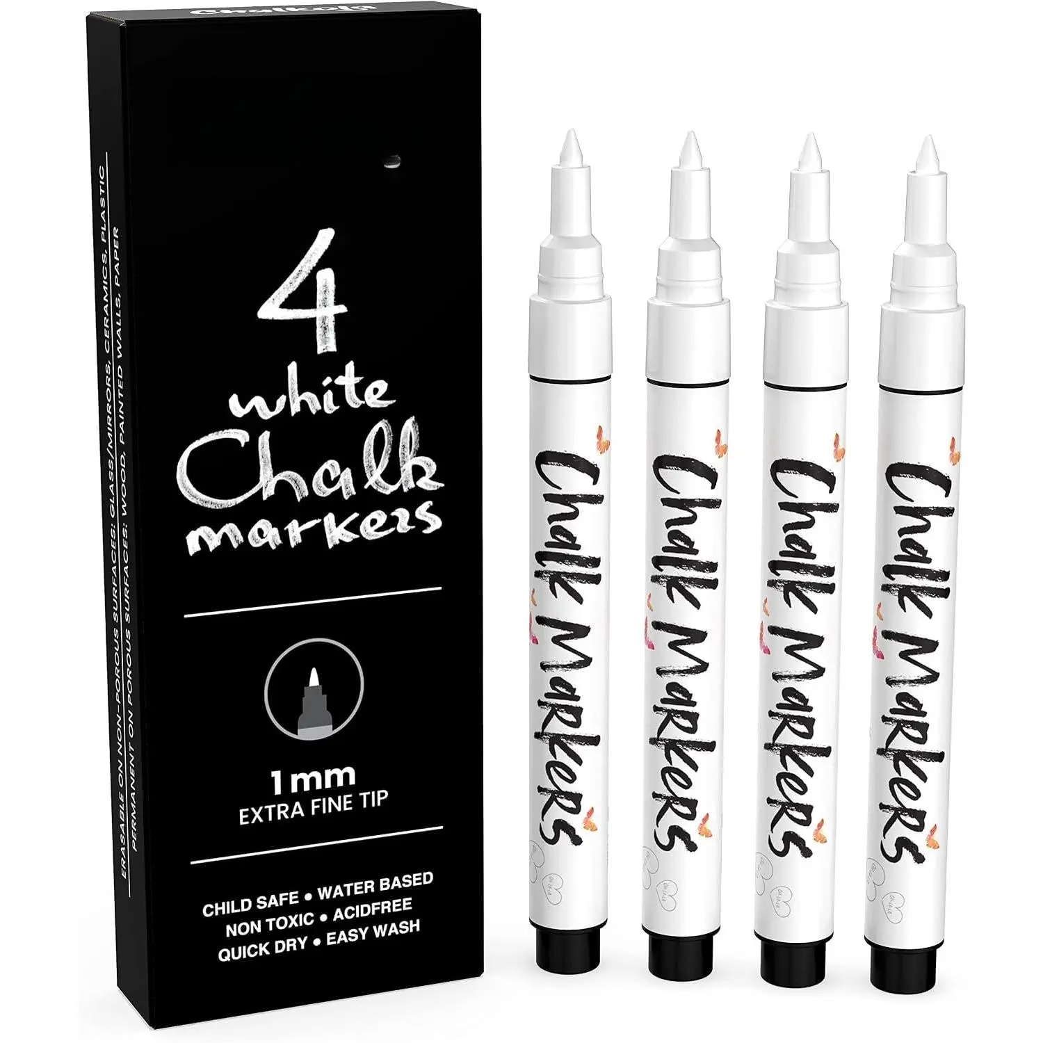Extra Fine Tip White Chalk Markers (4 Pack 1mm Point) Chalk Pens - White Dry Erase Marker Pen for Blackboard, Chalkboards, Windows, Glass, Bistro, Signs
