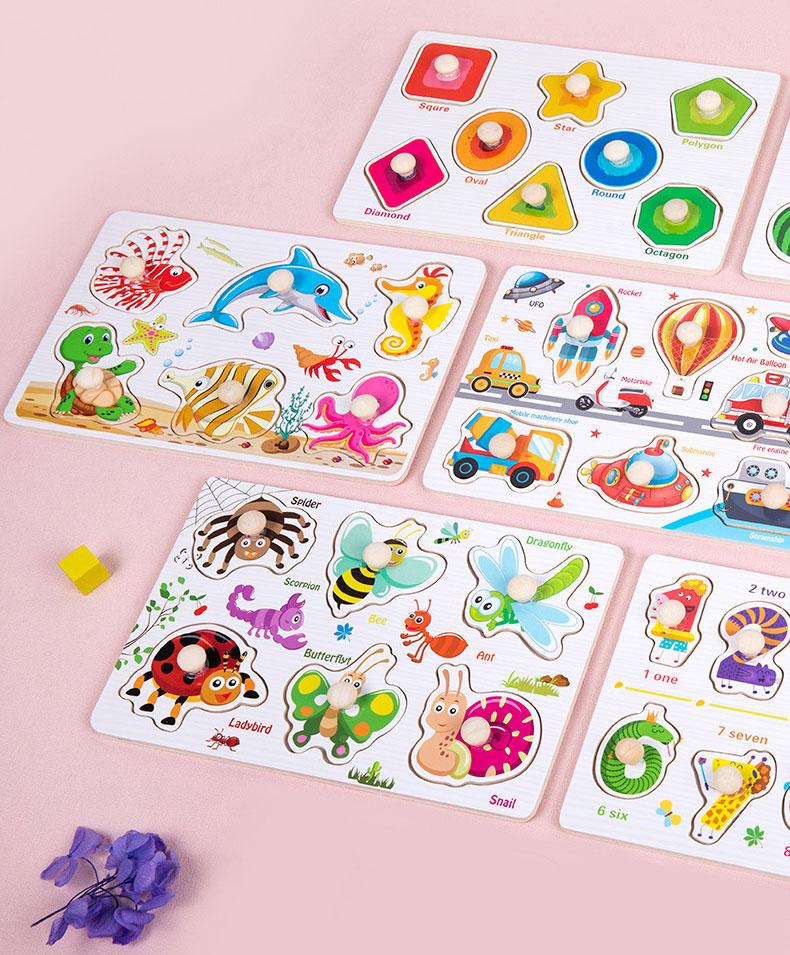 Baby Wooden Puzzles Montessori Toys 1 2 3 Years Toddler Toys Hand Grab Board Alphabet Number Cognition Learning Educational Toys
