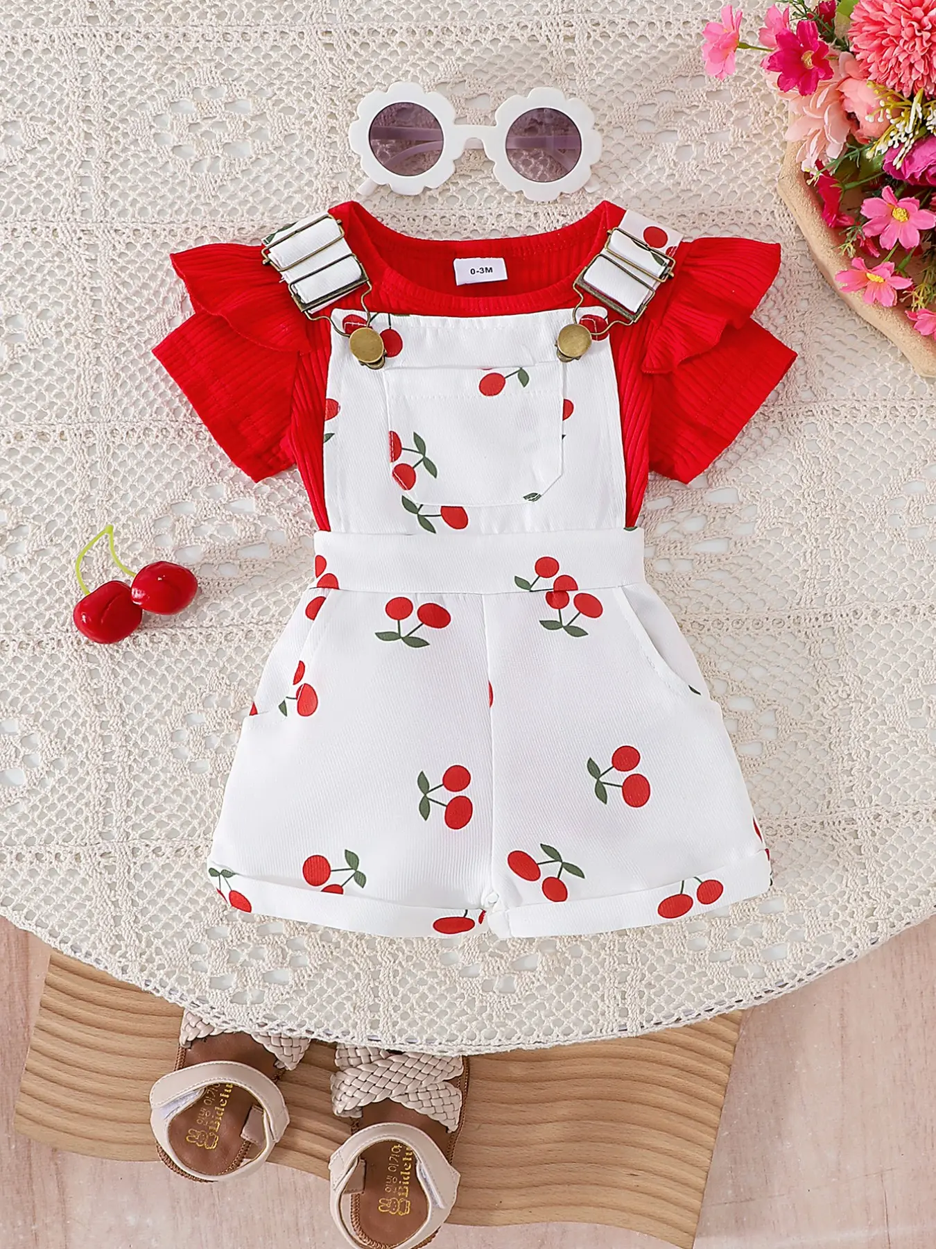 3-36 Months Toddler Girl Cherry Print Overalls Shorts Set Summer Short Sleeve Flutter Ruffle Bodysuit with Snap Crotch Easy Diaper Change Adjustable Metal Buckle Strap Infant Cute Girly Vacation Outfit Baby Girl Clothes