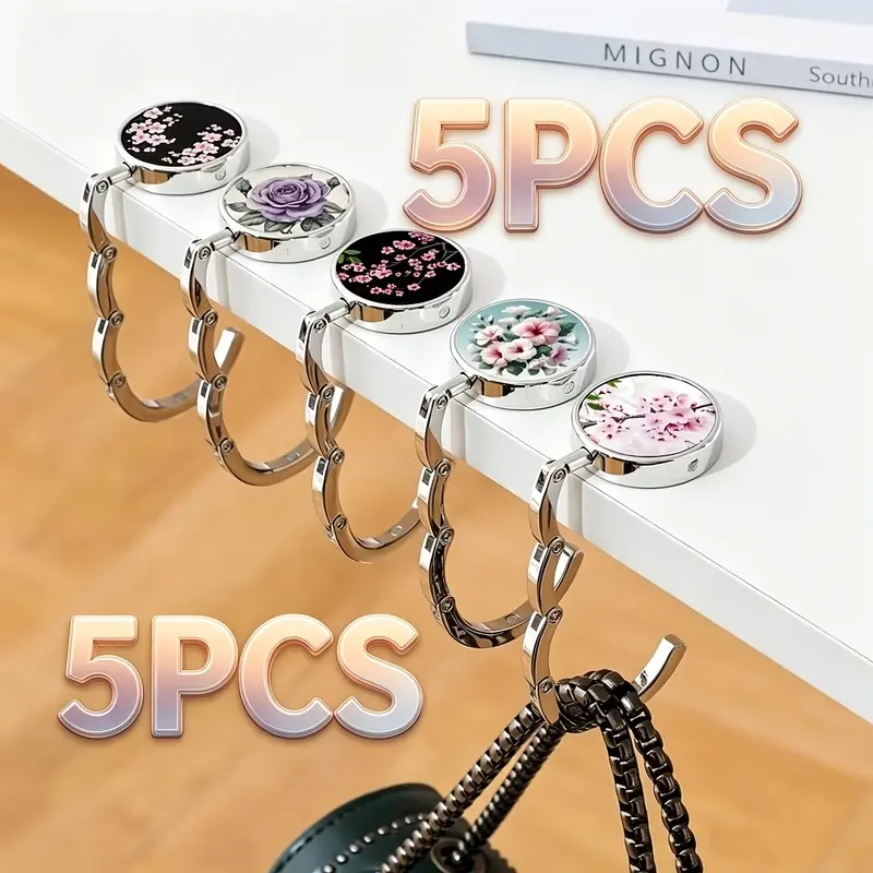 5 pcs flower printing folding bag hook portable desk bag artifact desktop bag hook student party office workers carry bag buckle restaurant coffee shop bag free of punching.