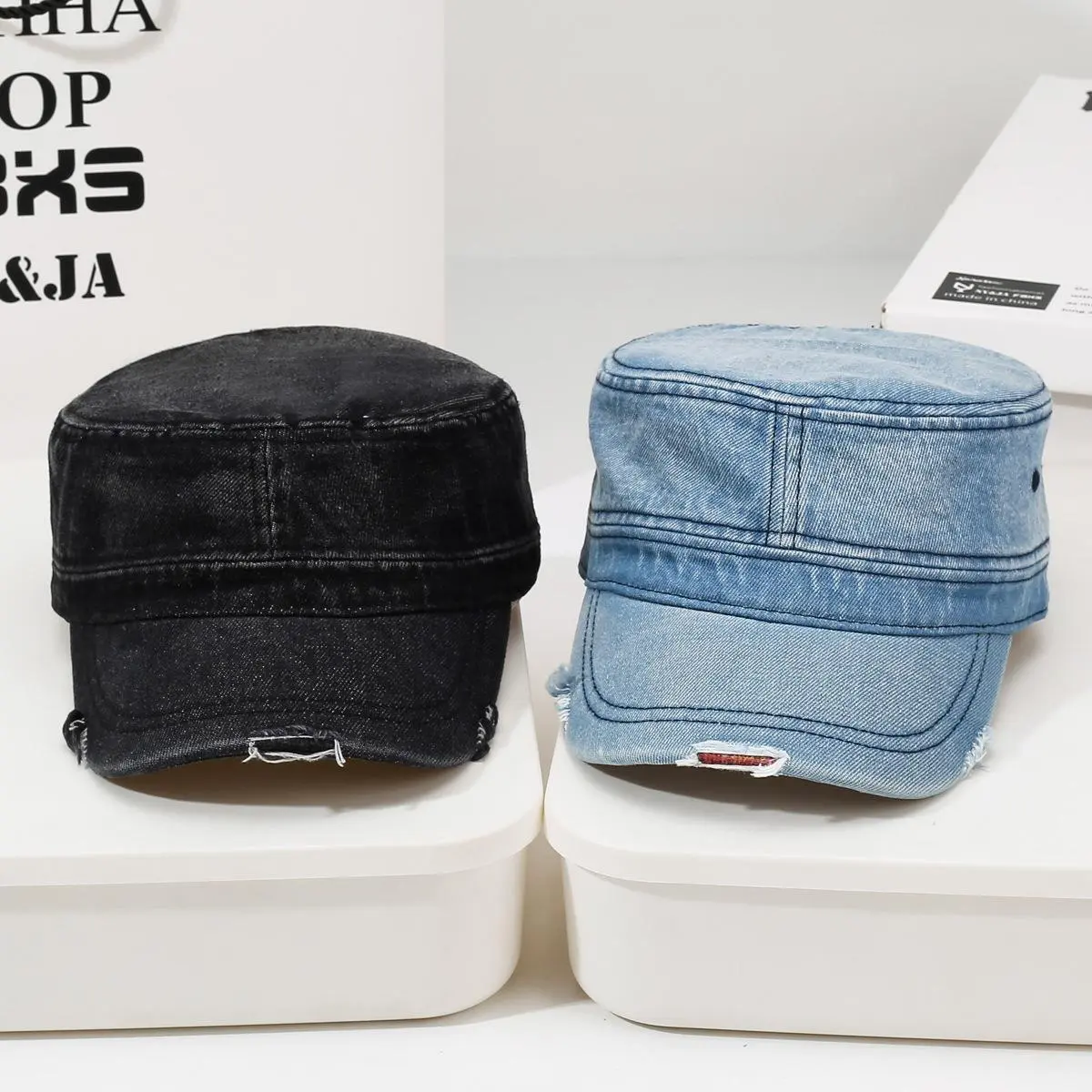 Main Character Energy Deep Charcoal Gray Denim Cadet Hat Distressed Flat Top Military Cap Y2K Viral Effortless Glamour Baddie Aesthetic Lightweight Adjustable