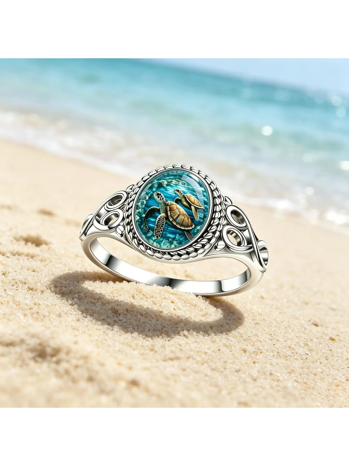 Vintage lady's open-work pattern round ring, Copper statement ring, with illustration of large sea turtles, symbolizes longevity, peace and fresh oceanic style, ideal for daily gift giving and deco