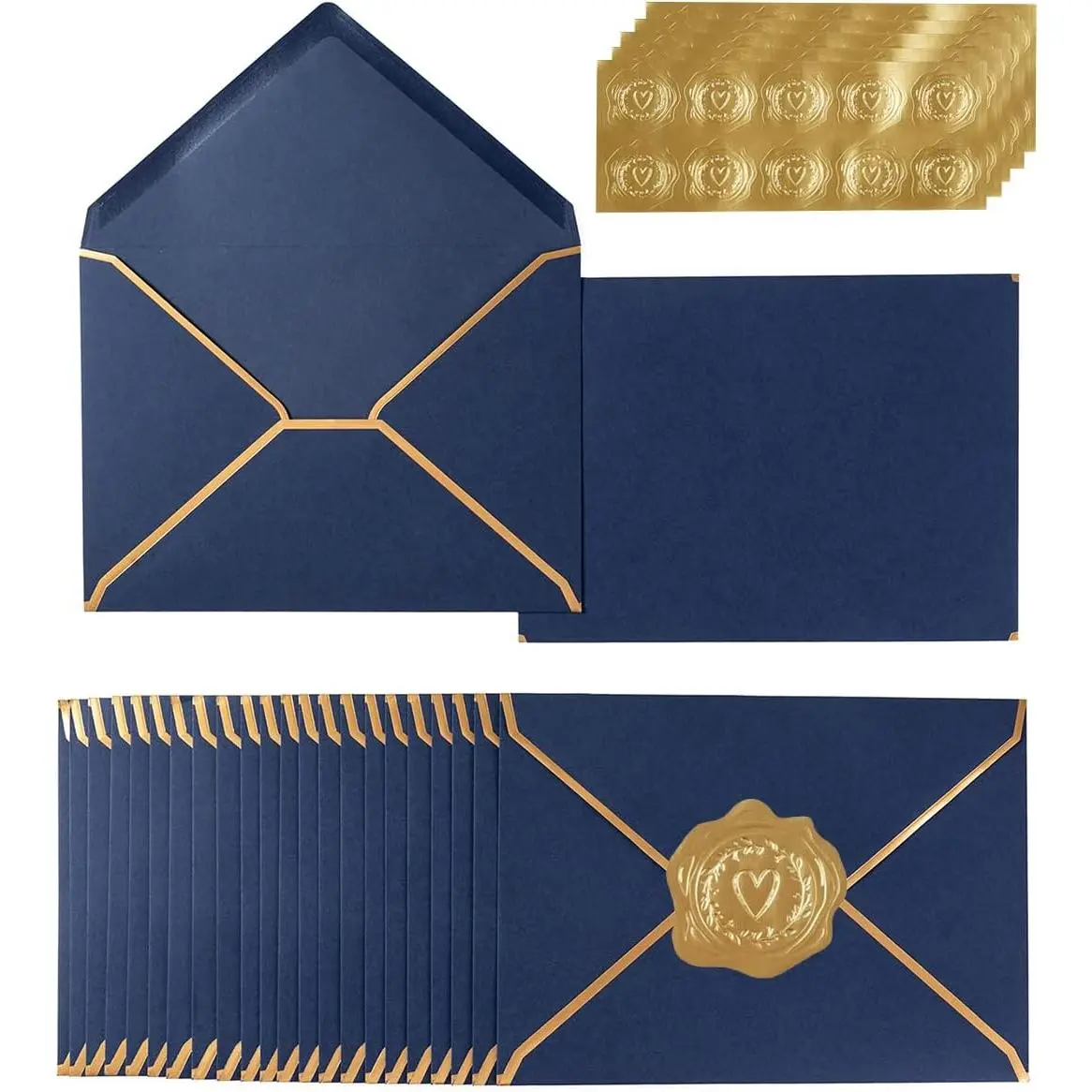 Bulk Pack 100 Navy Blue A7 V-Flap Envelopes with Gold Border, 5x7 in (5.32x7.28 in) for Wedding Invitations, Office Use, Special Occasions