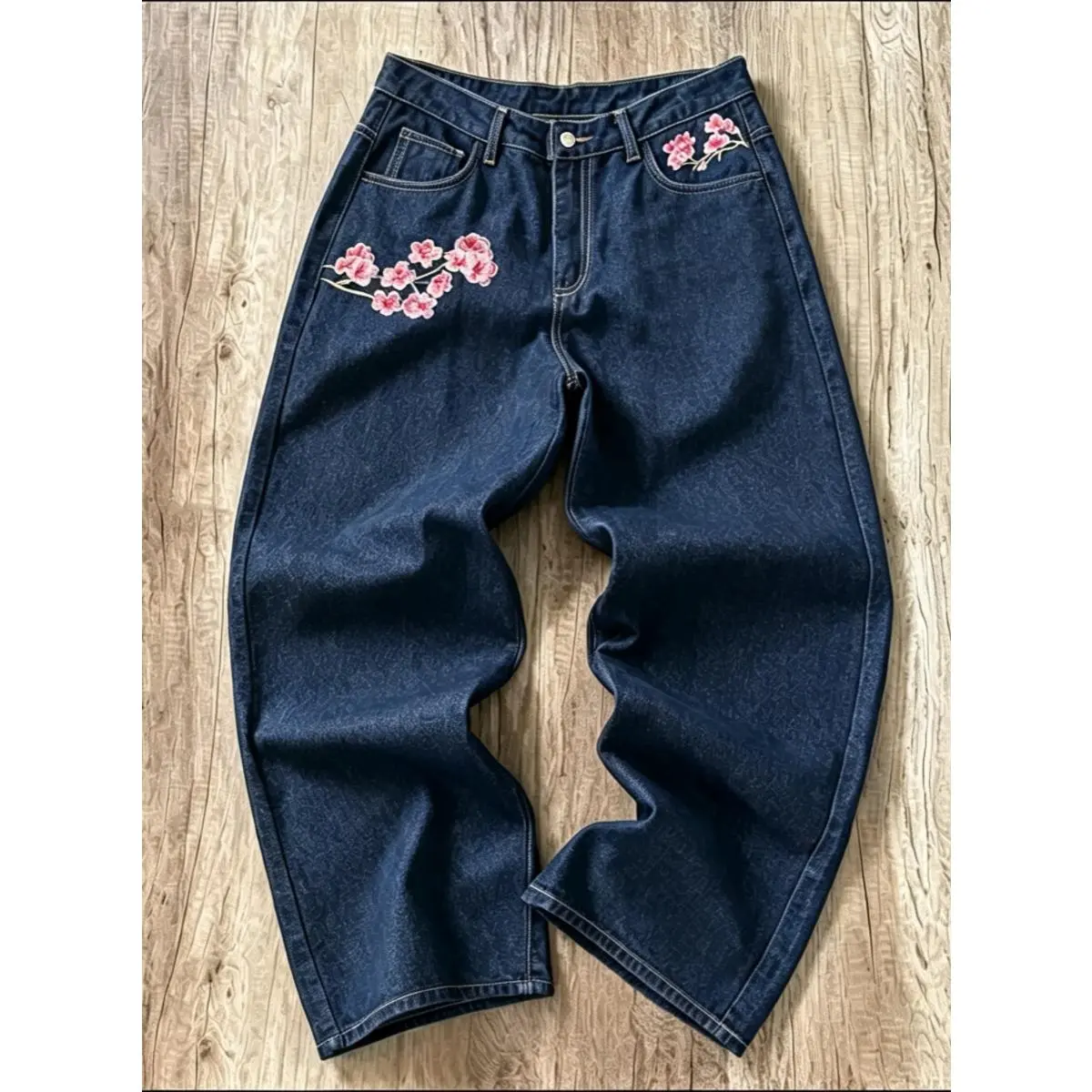 Men Cotton Blend Dark Blue Baggy Wide Leg Jeans, Cherry Blossom Floral Embroidery Denim Pants, High Waist Loose Fit Casual Streetwear Relaxed Straight Denim Trousers with Classic 5 Pockets
