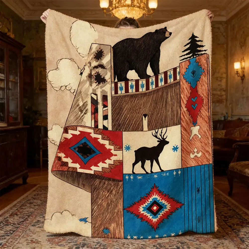 Southwestern Native American Blanket with Bear & Deer Patterns - Soft Flannel Bedspread Suitable for -Season Cozy Bedding, Red Blue White Geometric Southwest Decor for,, or Couch - Contemporary Southwestern Bedding