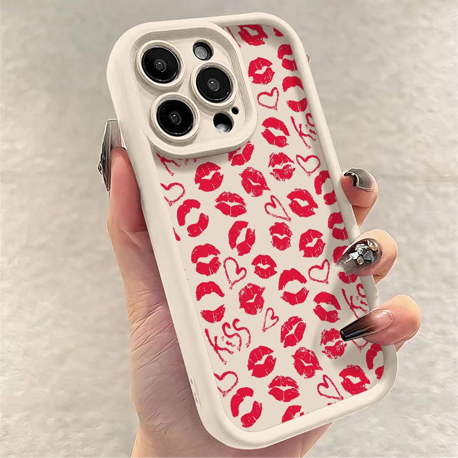 Phone Case: 1pc Red Lip Print Heart Kiss Phone Case Suitable for Apple iPhone 17 E Air Pro ProMax iPhone16 15 14 Plus 13 12 Mini 11 X XS XR Antidrop Shock Proof All Inclusive Lens Protection Girlish Style Cute Can