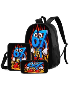 67 Flame Print Student Three-Piece Set, Large Capacity Backpack, Crossbody Bag, Pencil Case, School Supplies, Travel Gear, Outdoor Sports