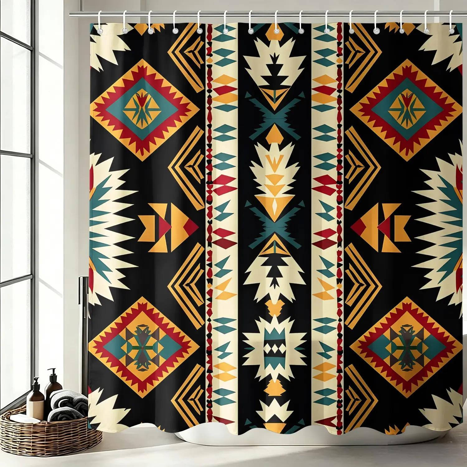 Southwestern Tribal-Style Shower Curtain (1 Piece, Hooks Included)—Bohemian Aztec Geometric Patterns Bathroom Accessories; Waterproof and Opaque; Suitable for Bathrooms and Shower Areas. Perfect for a Home Makeover; Available in 3 Different Patterns.