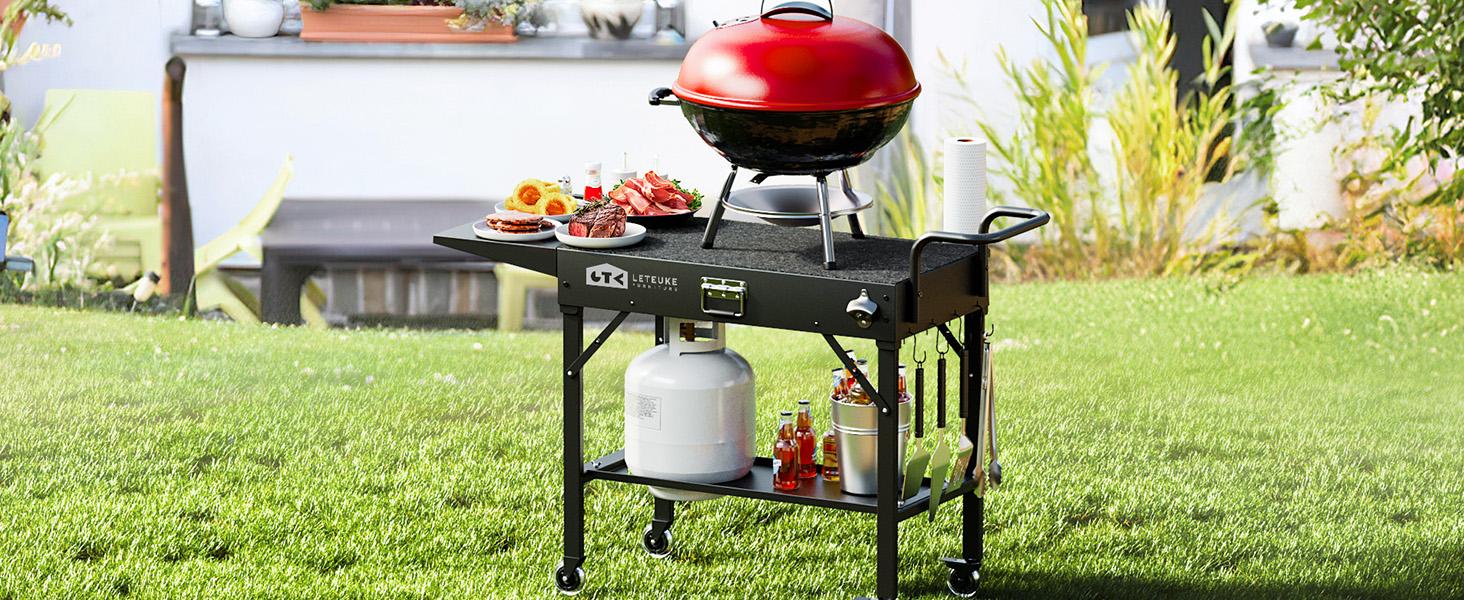 Leteuke Grill Cart for Blackstone Griddle, Portable Outdoor Grill Table, Foldable Cart Table with Wheels for Ninja Grill, Grill Cart Fit 17 Inch Or 22 Inch Griddle, BBQ Prep Table with Seasoning Tray camping furniture picnic Barbecue