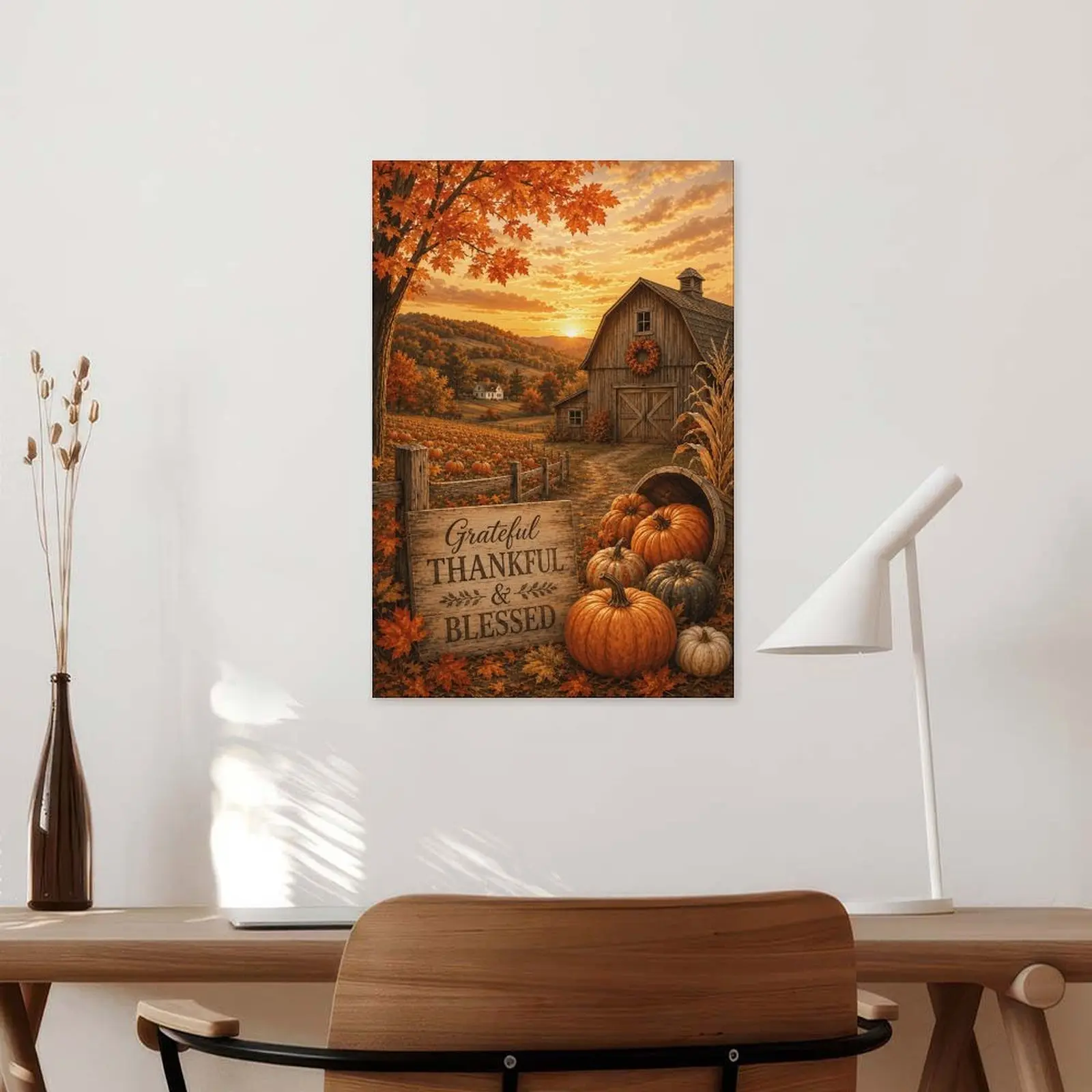 Grateful Thankful & Blessed Autumn Wall Art, Pumpkin Farmhouse Fall Decor, Thanksgiving Harvest Wooden Frame Art for Kitchen Living Room Entryway